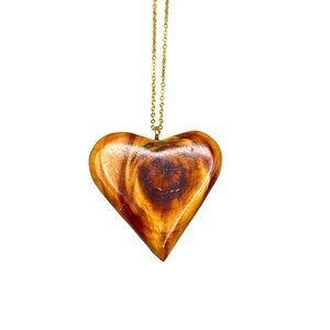 Heart Shaped Wooden Pendant Necklace Gold Tone Thin Chain Heart Pendant
